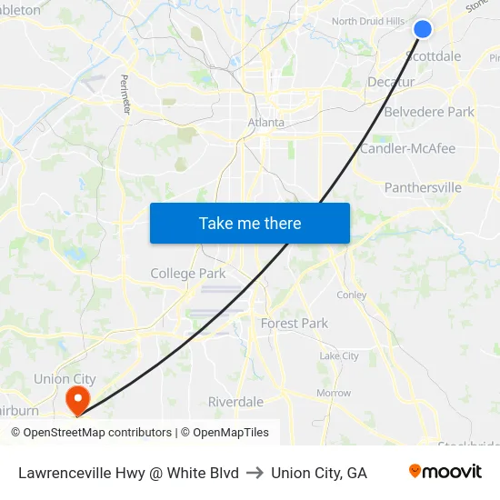 Lawrenceville Hwy @ White Blvd to Union City, GA map