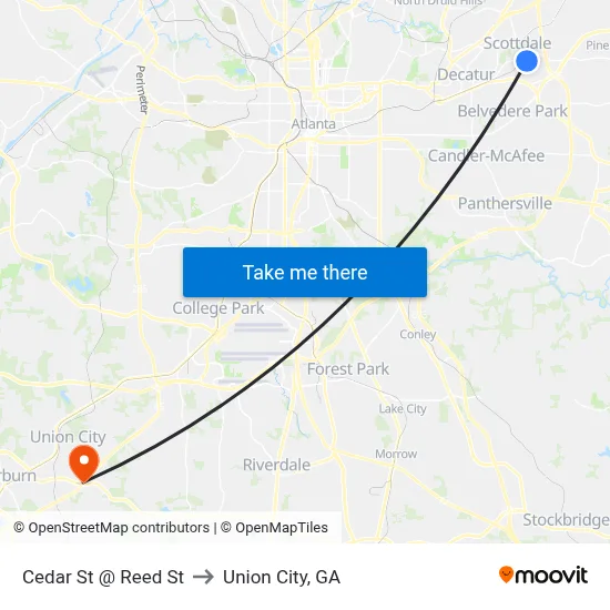 Cedar St @ Reed St to Union City, GA map