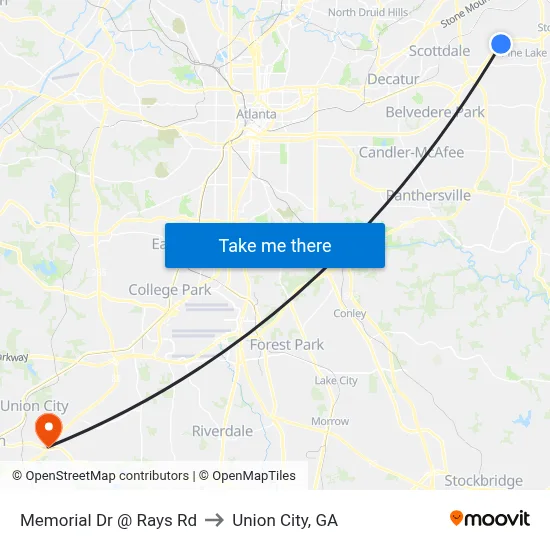 Memorial Dr @ Rays Rd to Union City, GA map