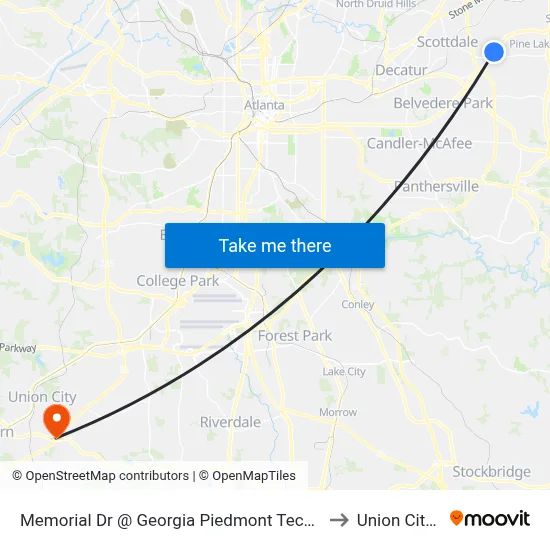 Memorial Dr @ Georgia Piedmont Tech College Dr to Union City, GA map