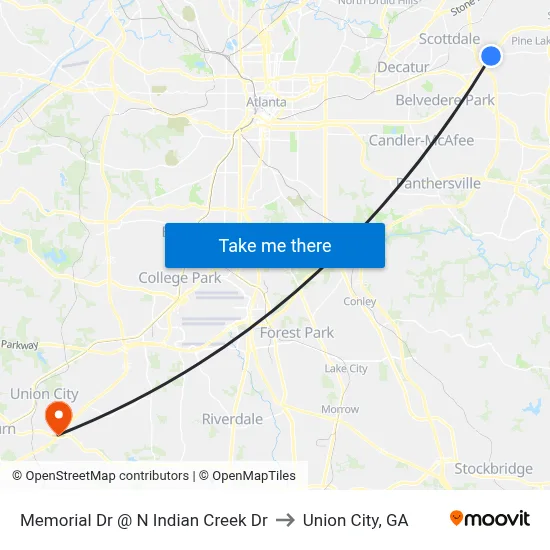 Memorial Dr @ N Indian Creek Dr to Union City, GA map