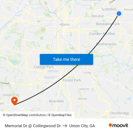 Memorial Dr @ Collingwood Dr to Union City, GA map