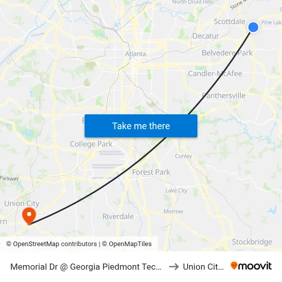 Memorial Dr @ Georgia Piedmont Tech College Dr to Union City, GA map