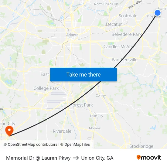 Memorial Dr @ Lauren Pkwy to Union City, GA map