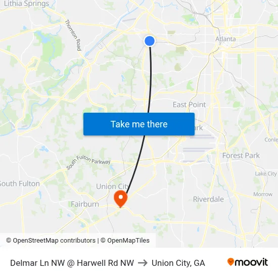 Delmar Ln NW @ Harwell Rd NW to Union City, GA map