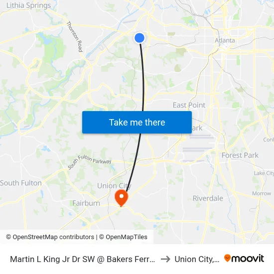 Martin L King Jr Dr SW @ Bakers Ferry Rd SW to Union City, GA map