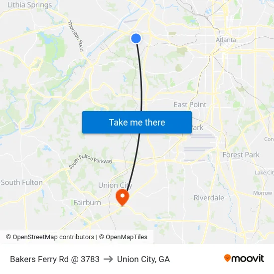 Bakers Ferry Rd @ 3783 to Union City, GA map