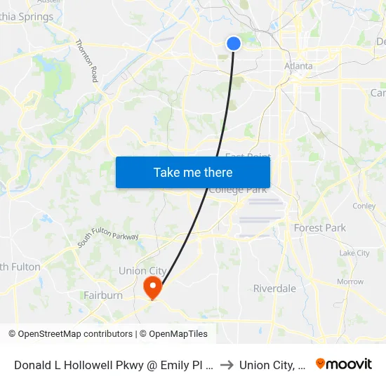 Donald L Hollowell Pkwy @ Emily Pl NW to Union City, GA map
