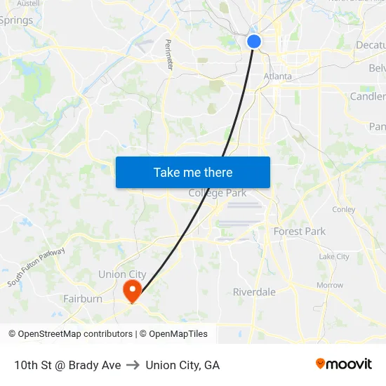10th St @ Brady Ave to Union City, GA map