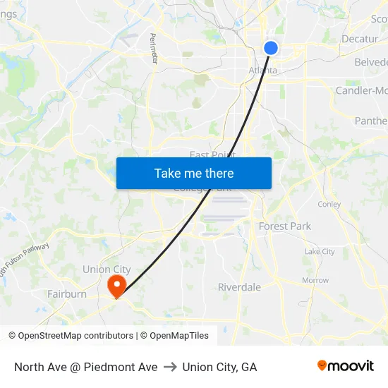North Ave @ Piedmont Ave to Union City, GA map