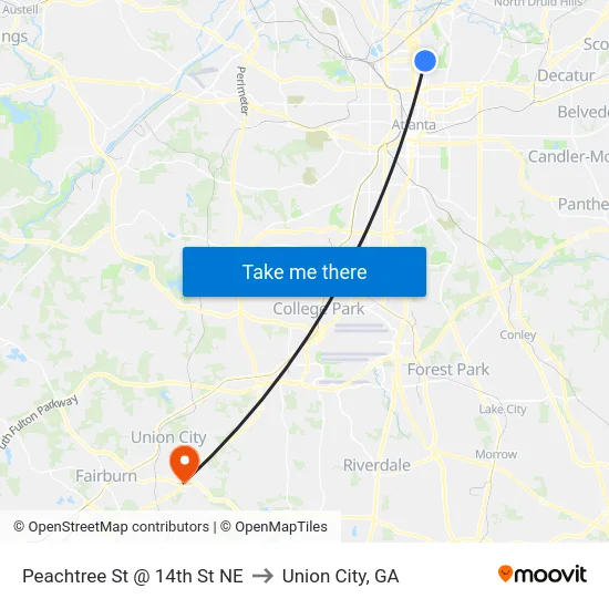 Peachtree St @ 14th St NE to Union City, GA map