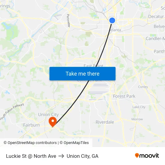 Luckie St @ North Ave to Union City, GA map