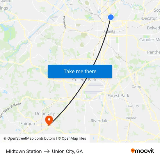 Midtown Station to Union City, GA map