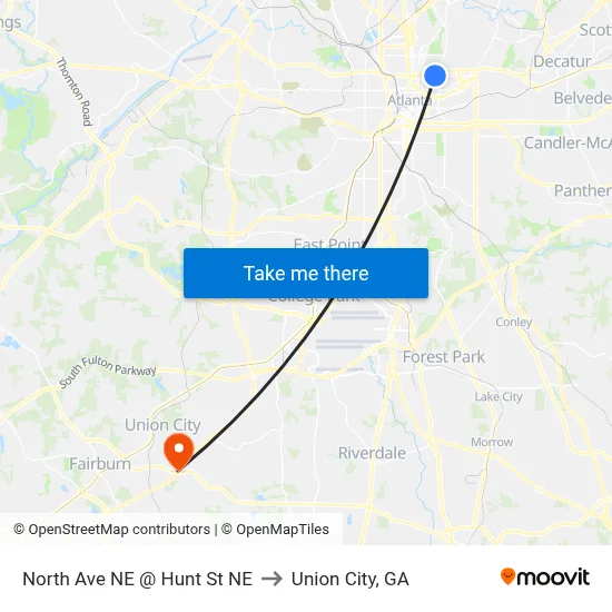 North Ave NE @ Hunt St NE to Union City, GA map