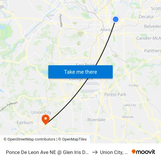 Ponce De Leon Ave NE @ Glen Iris Dr NE to Union City, GA map
