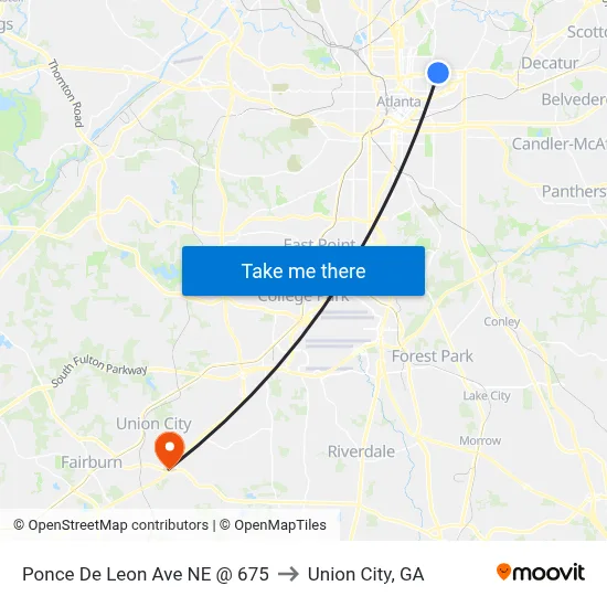 Ponce De Leon Ave NE @ 675 to Union City, GA map