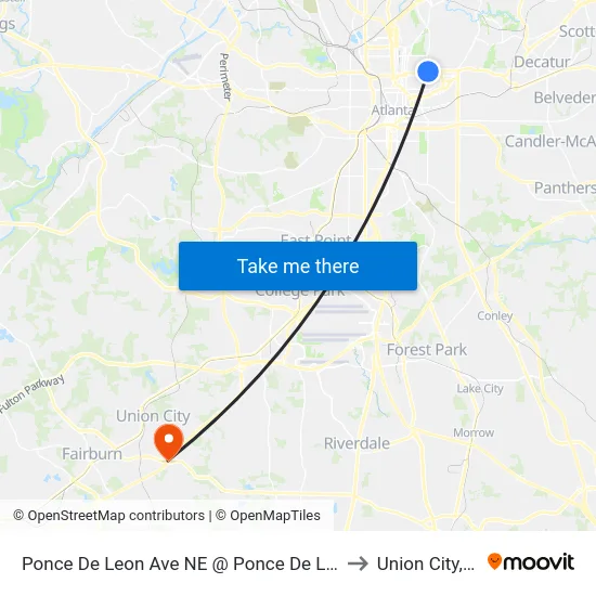 Ponce De Leon Ave NE @ Ponce De Leon Ct to Union City, GA map
