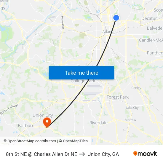 8th St NE @ Charles Allen Dr NE to Union City, GA map