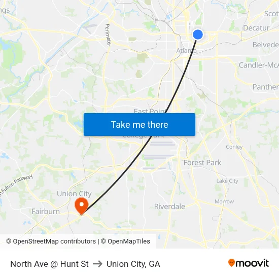 North Ave @ Hunt St to Union City, GA map