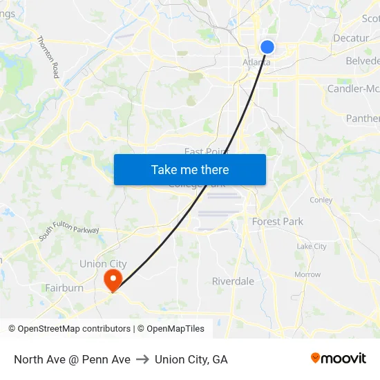 North Ave @ Penn Ave to Union City, GA map
