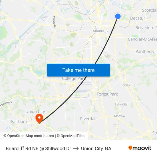 Briarcliff Rd NE @ Stillwood Dr to Union City, GA map