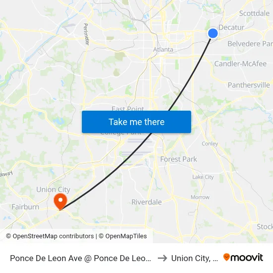 Ponce De Leon Ave @ Ponce De Leon Mnr to Union City, GA map