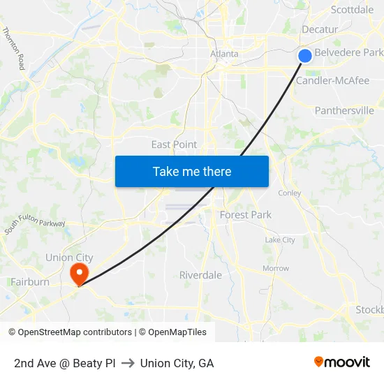 2nd Ave @ Beaty Pl to Union City, GA map