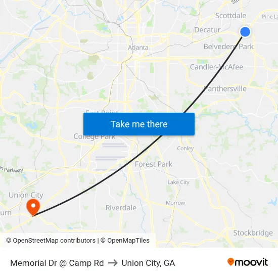 Memorial Dr @ Camp Rd to Union City, GA map