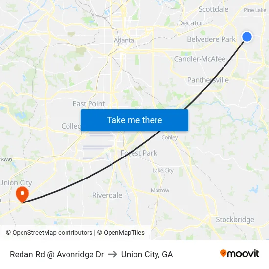 Redan Rd @ Avonridge Dr to Union City, GA map