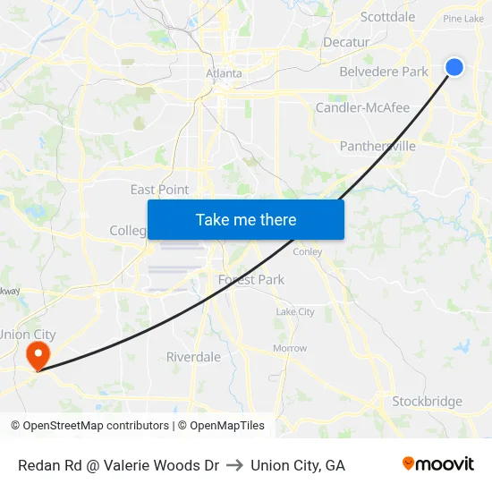 Redan Rd @ Valerie Woods Dr to Union City, GA map