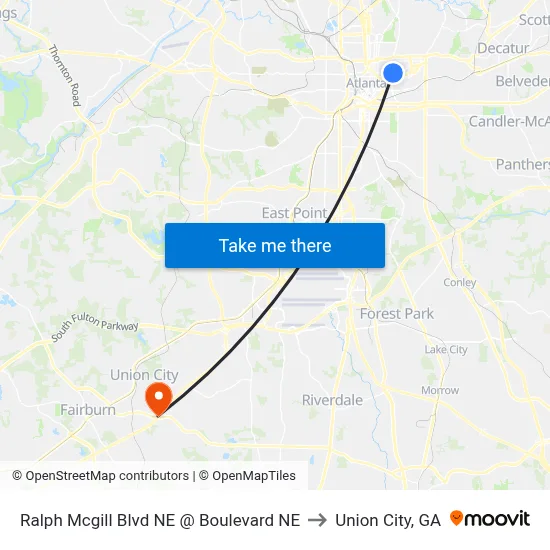 Ralph Mcgill Blvd NE @ Boulevard NE to Union City, GA map
