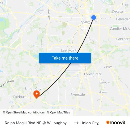 Ralph Mcgill Blvd NE @ Willoughby Way to Union City, GA map