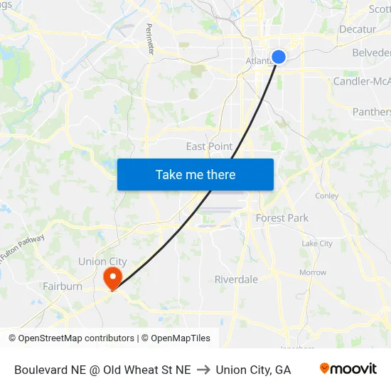 Boulevard NE @ Old Wheat St NE to Union City, GA map
