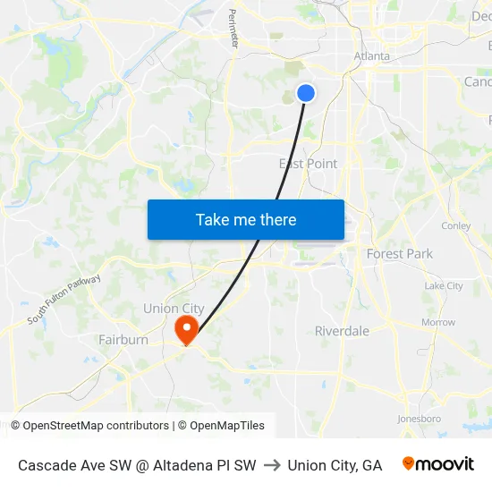 Cascade Ave SW @ Altadena Pl SW to Union City, GA map
