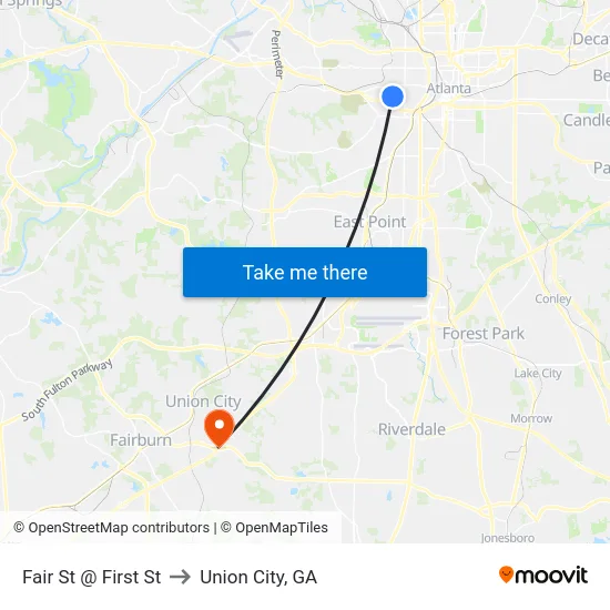 Fair St @ First St to Union City, GA map