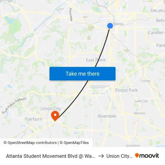 Atlanta Student Movement Blvd @ Walnut St SW to Union City, GA map