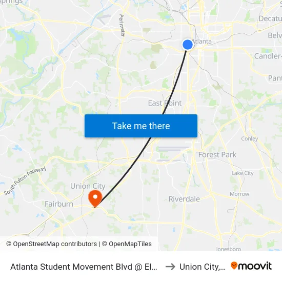 Atlanta Student Movement Blvd @ Elm St SW to Union City, GA map