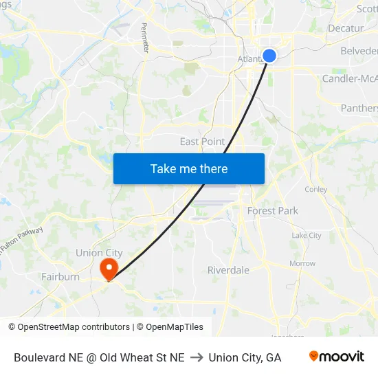 Boulevard NE @ Old Wheat St NE to Union City, GA map