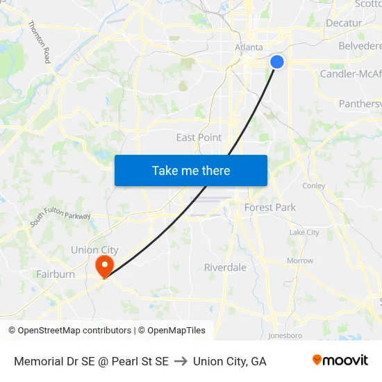 Memorial Dr SE @ Pearl St SE to Union City, GA map