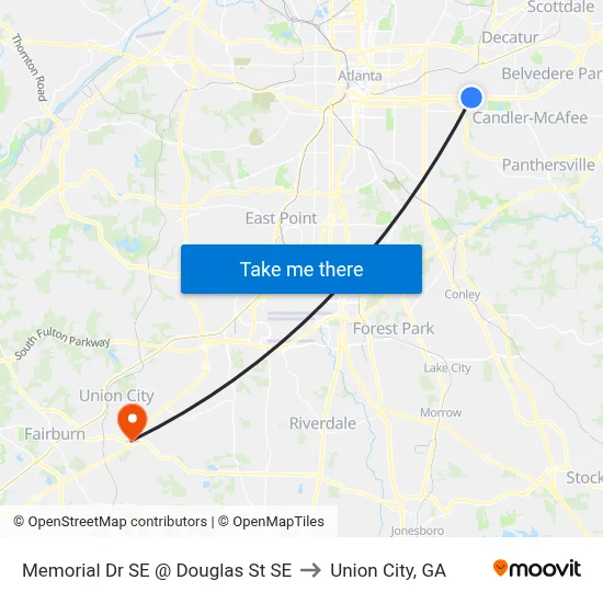Memorial Dr SE @ Douglas St SE to Union City, GA map