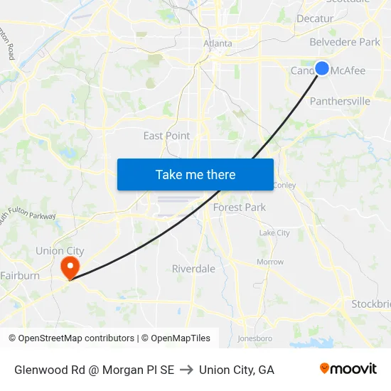 Glenwood Rd @ Morgan Pl SE to Union City, GA map