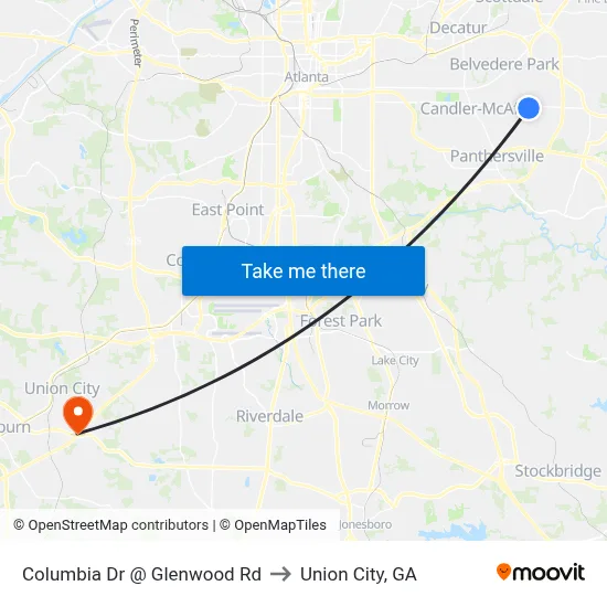 Columbia Dr @ Glenwood Rd to Union City, GA map