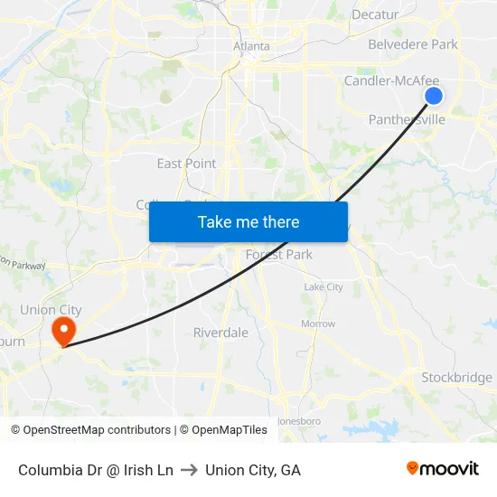 Columbia Dr @ Irish Ln to Union City, GA map