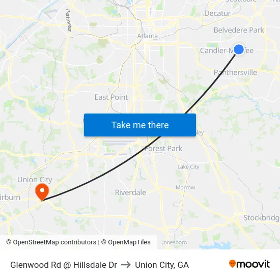 Glenwood Rd @ Hillsdale Dr to Union City, GA map