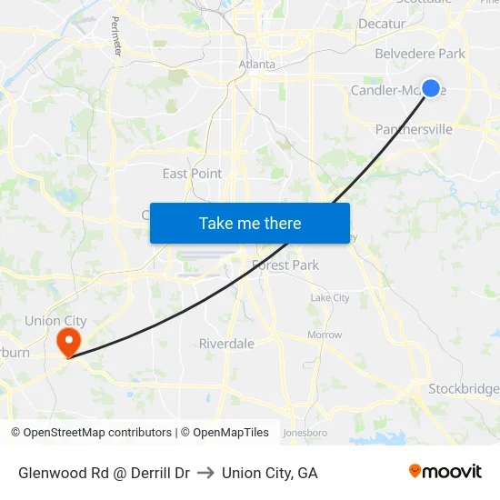 Glenwood Rd @ Derrill Dr to Union City, GA map