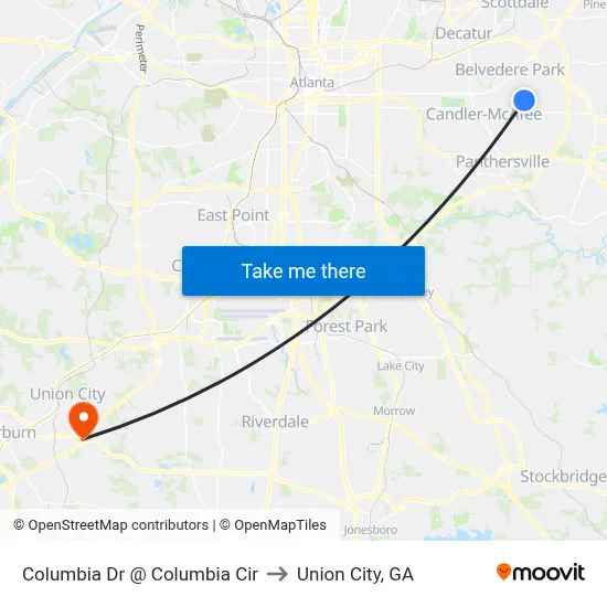 Columbia Dr @ Columbia Cir to Union City, GA map