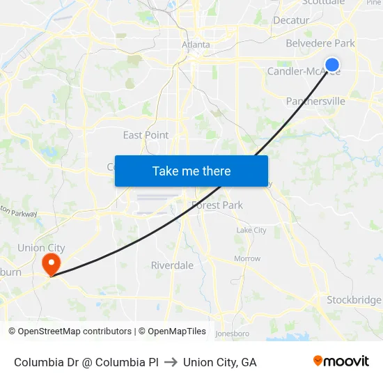 Columbia Dr @ Columbia Pl to Union City, GA map