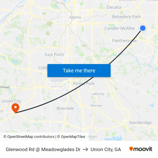 Glenwood Rd @ Meadowglades Dr to Union City, GA map
