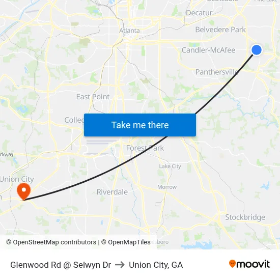 Glenwood Rd @ Selwyn Dr to Union City, GA map