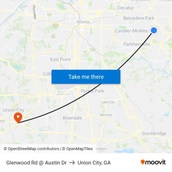 Glenwood Rd @ Austin Dr to Union City, GA map